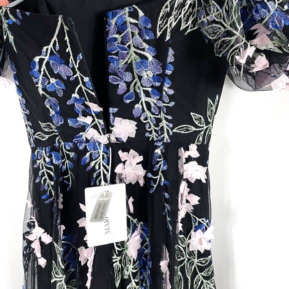 Marchesa Embroidered Tulle Midi Dress Black Blue 3D Floral Off Shoulder Sz 0 - Picture 9 of 12